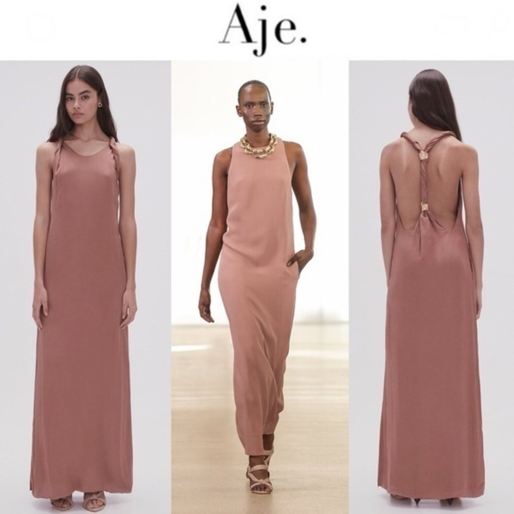Aje Intrigue Twist Back Backless Midi Dress Chocolate Brown Beige AU 12 US 8 NWT